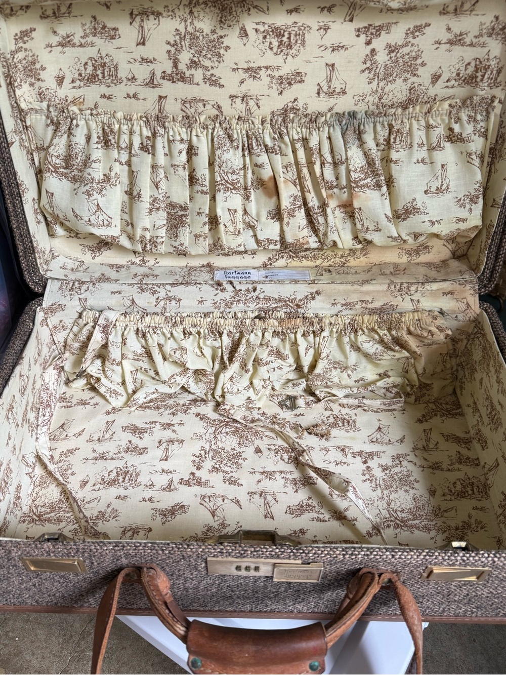 Vintage Toile-Lined Tweed Suitcase Ruffled Interior Leather straps train travel